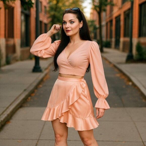 Sugar Thrillz ✦ Satin Peach Ruffle Mini Skirt ✦ Asymmetric Draped High Waist M - Picture 2 of 5